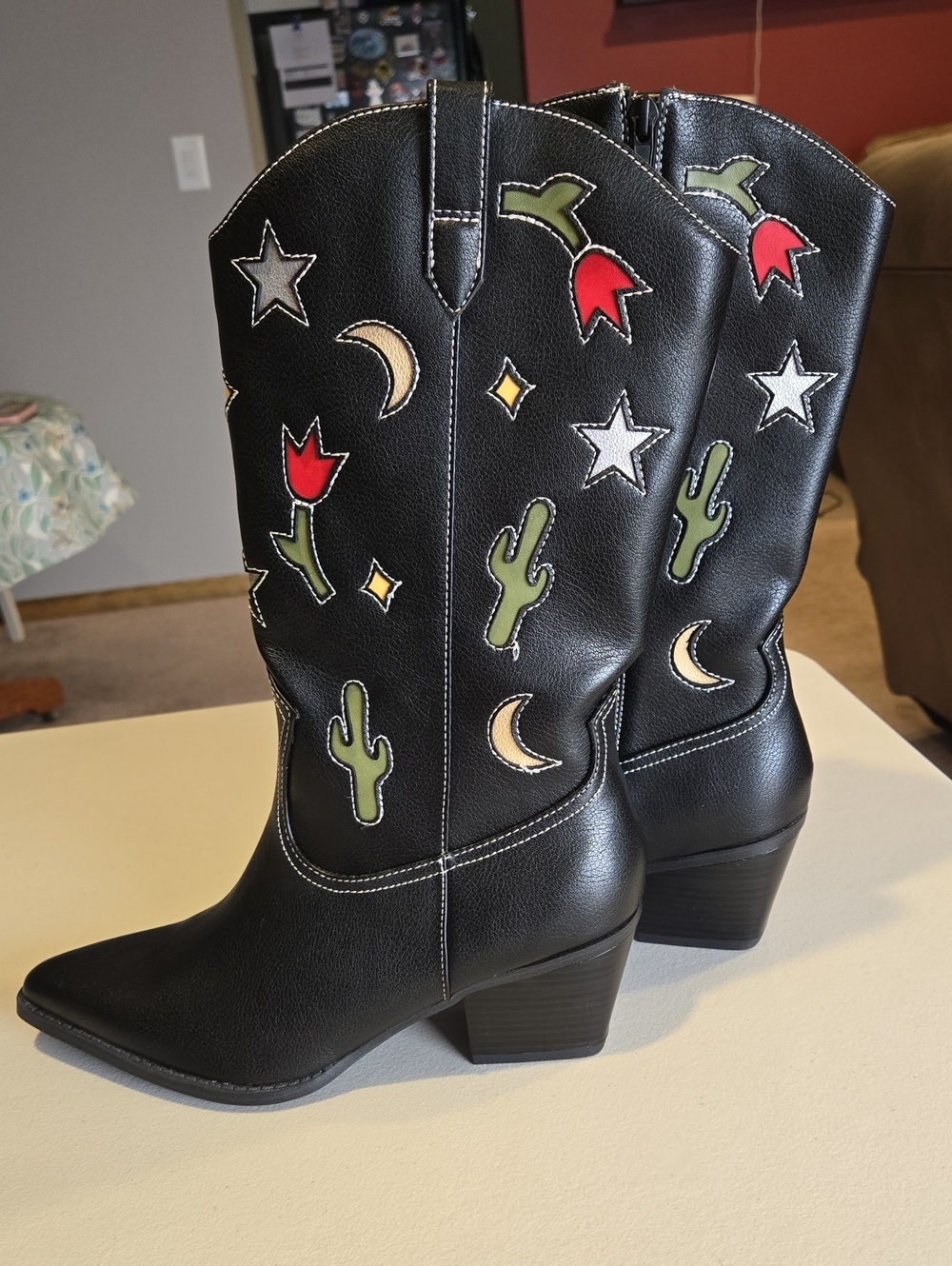 No Boundries Black Western Boots with Colorful Cactus, Moon & Star Appliqués